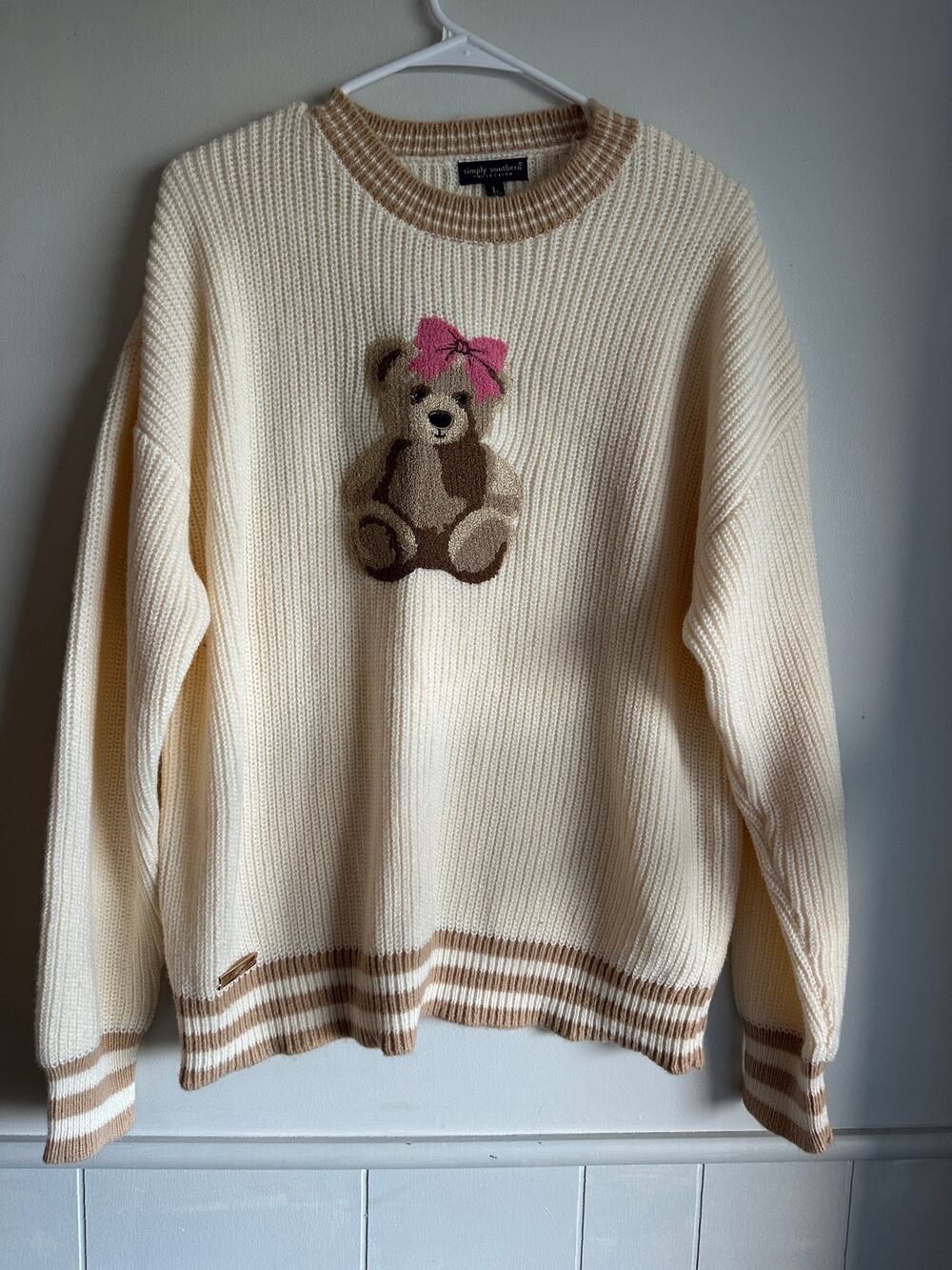 Simply Southern Teddy Bear Knit Sweater Size L White Tan Striped Bow Chenille